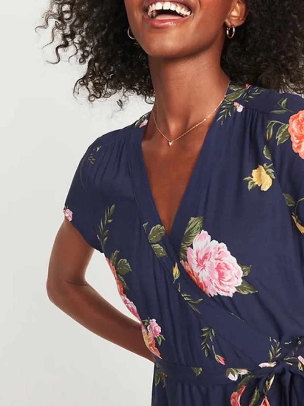Old Navy Navy Floral Midi Wrap Dress with Tie Waist